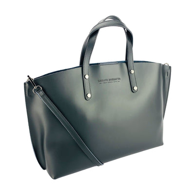 RB1024A | Borsa Donna a Mano in Vera Pelle Made in Italy con tracolla removibile. Sacca grande interna estraibile. Accessori Canna di Fucile Lucido - Colore Nero - Dimensioni: cm 48x31x11