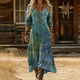 Boho Tie-Dye Watercolor Print V-Neck Long-Sleeve Maxi Dress