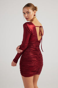 Karly burgundy shiny bodycon mini dress by Holly Lolly