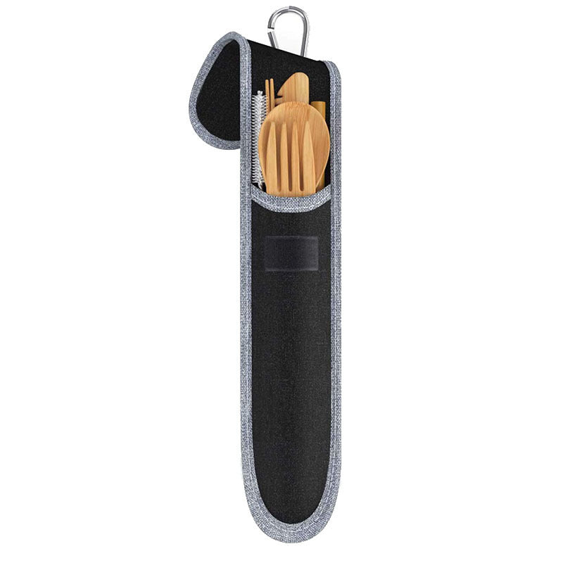 Portable bamboo cutlery travel set with stainless steel straw and canvas pouch — view 4