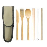 Portable bamboo cutlery travel set with stainless steel straw and canvas pouch — view 5
