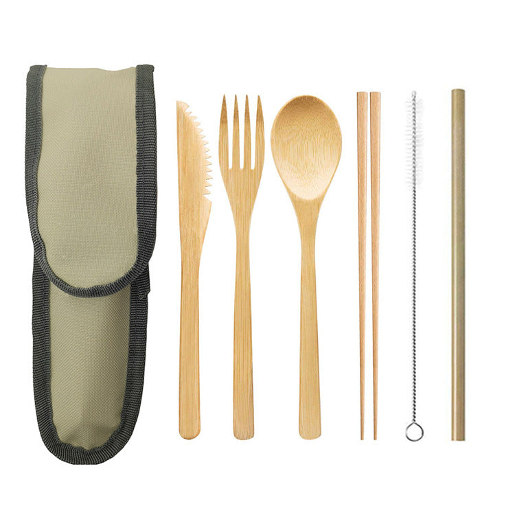 Portable bamboo cutlery travel set with stainless steel straw and canvas pouch — view 5