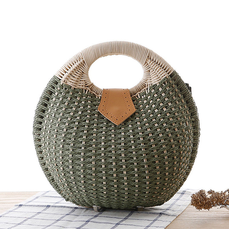 Hand-woven natural rattan handbag with leather handles — view 12