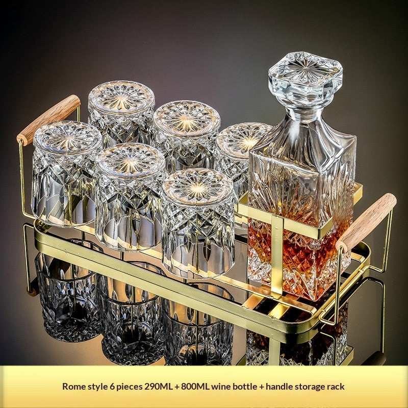 Premium crystal whiskey decanter set with two heavy-base whiskey glasses on wood tray — view 16