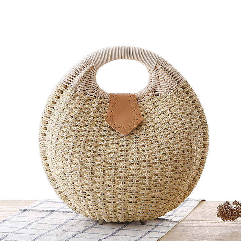 Hand-woven natural rattan handbag with leather handles — view 11