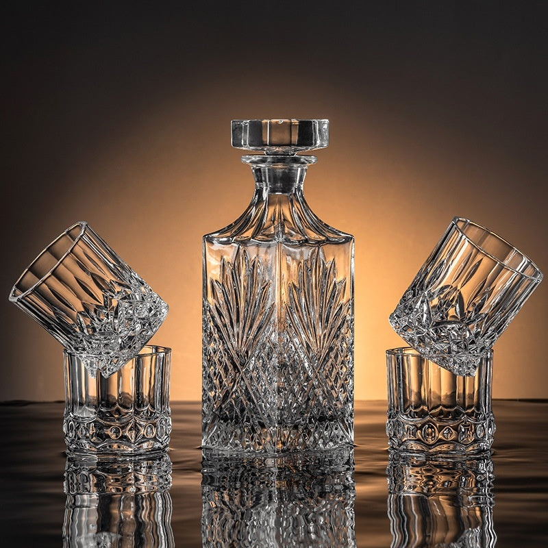 Premium crystal whiskey decanter set with two heavy-base whiskey glasses on wood tray — view 2