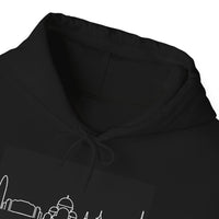 City Skyline Hoodie — Minimal White Line Landmark Graphic