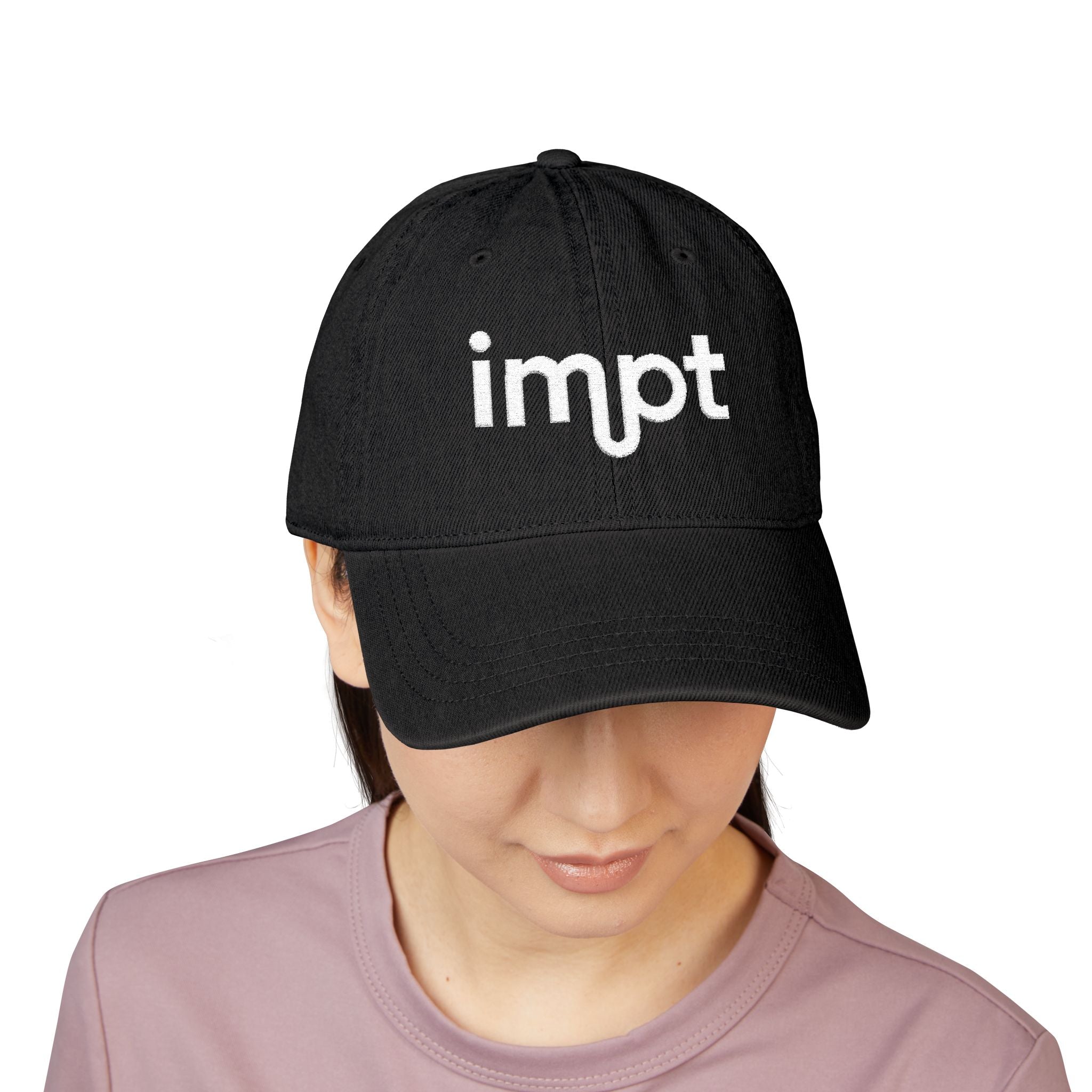 Embroidered ‘impt’ Denim Hat — Minimal Logo Baseball Cap