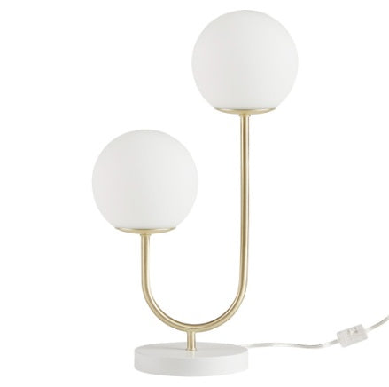 Modern metal two-light globe table lamp on bedside console — view 7