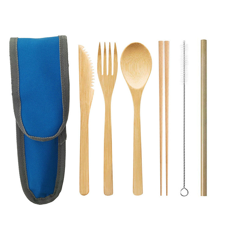 Portable bamboo cutlery travel set with stainless steel straw and canvas pouch — view 7