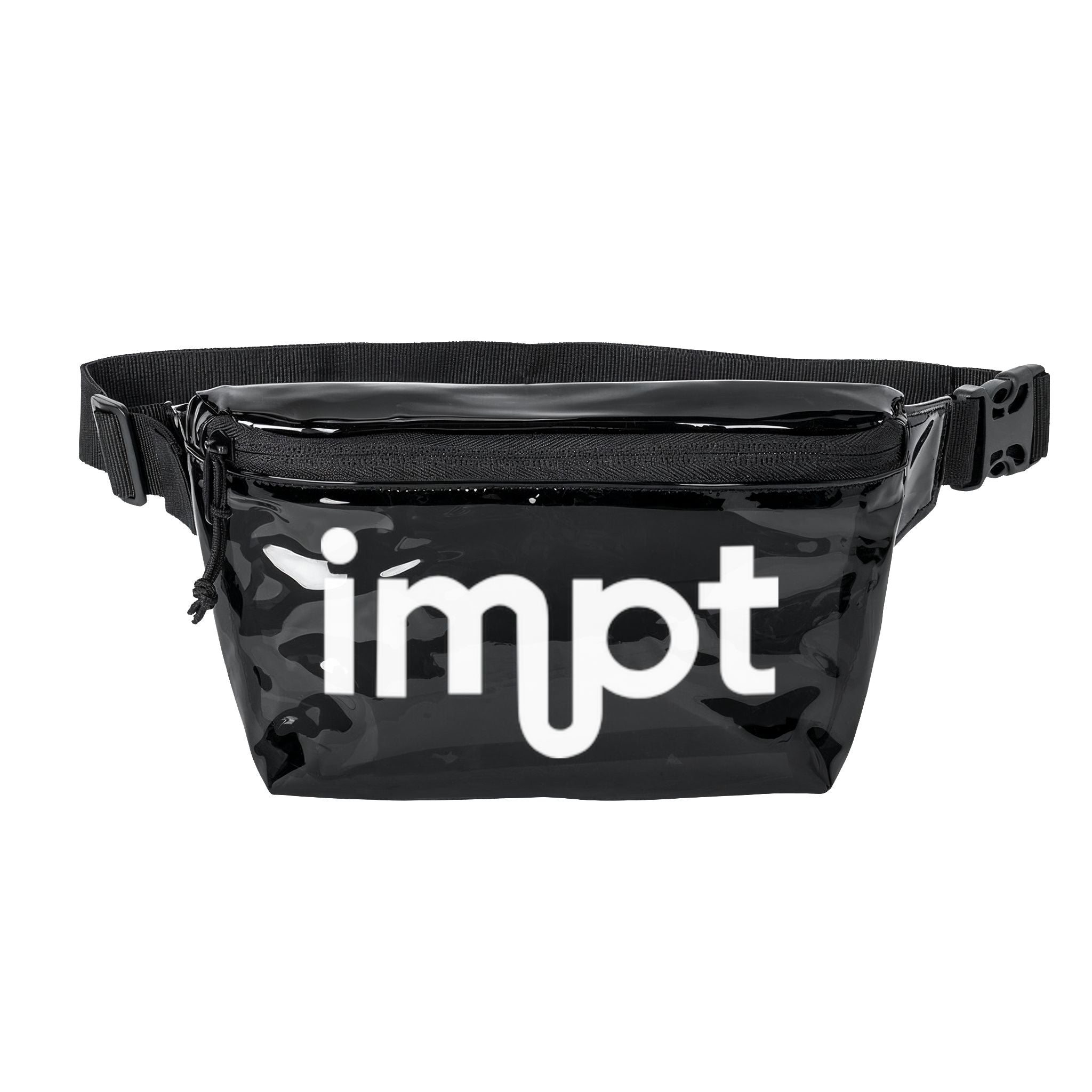 Transparent/Black Vinyl Fanny Pack — Clear Stadium Belt Bag with 'impt' Logo