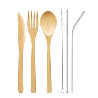 Portable bamboo cutlery travel set with stainless steel straw and canvas pouch — view 3