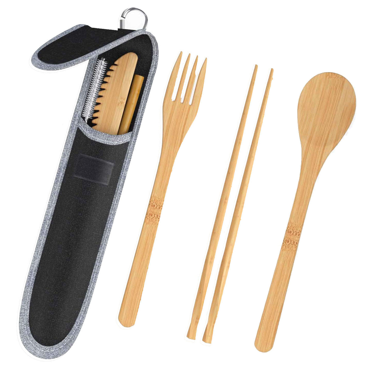 Portable bamboo cutlery travel set with stainless steel straw and canvas pouch