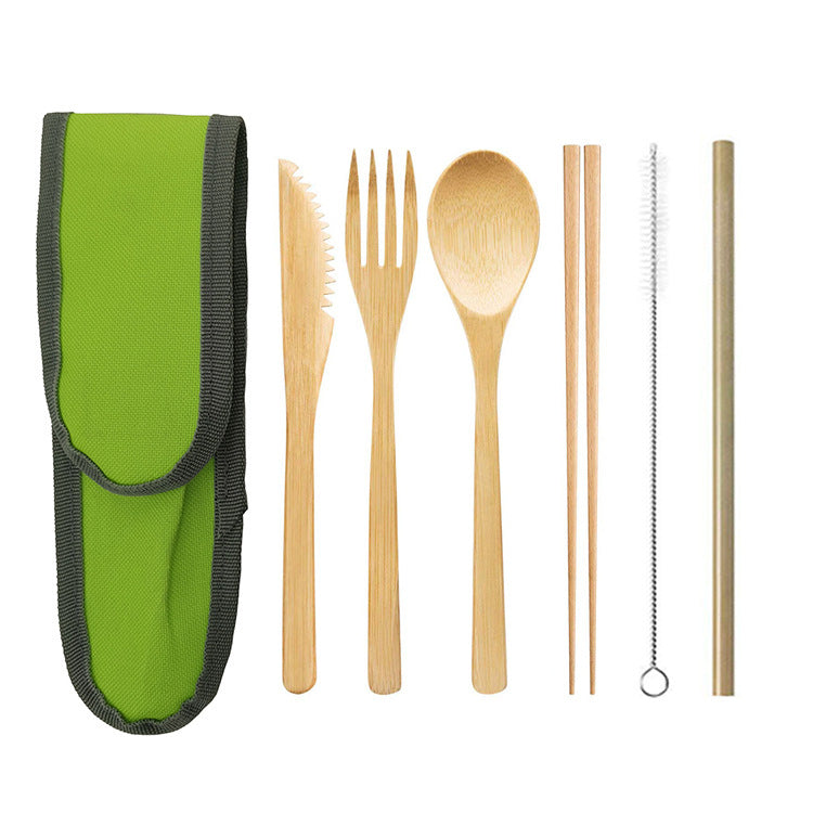 Portable bamboo cutlery travel set with stainless steel straw and canvas pouch — view 9