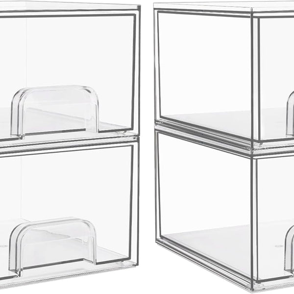 1 2 4 Pack Clear Stackable Storage Drawers, 11.2cm, 4.4in  Tall Acrylic Bathroom Makeup Organizer,Plastic Storage Bins For Vanity, Undersink, Kitchen Cabinets, Pantry, Home Organization