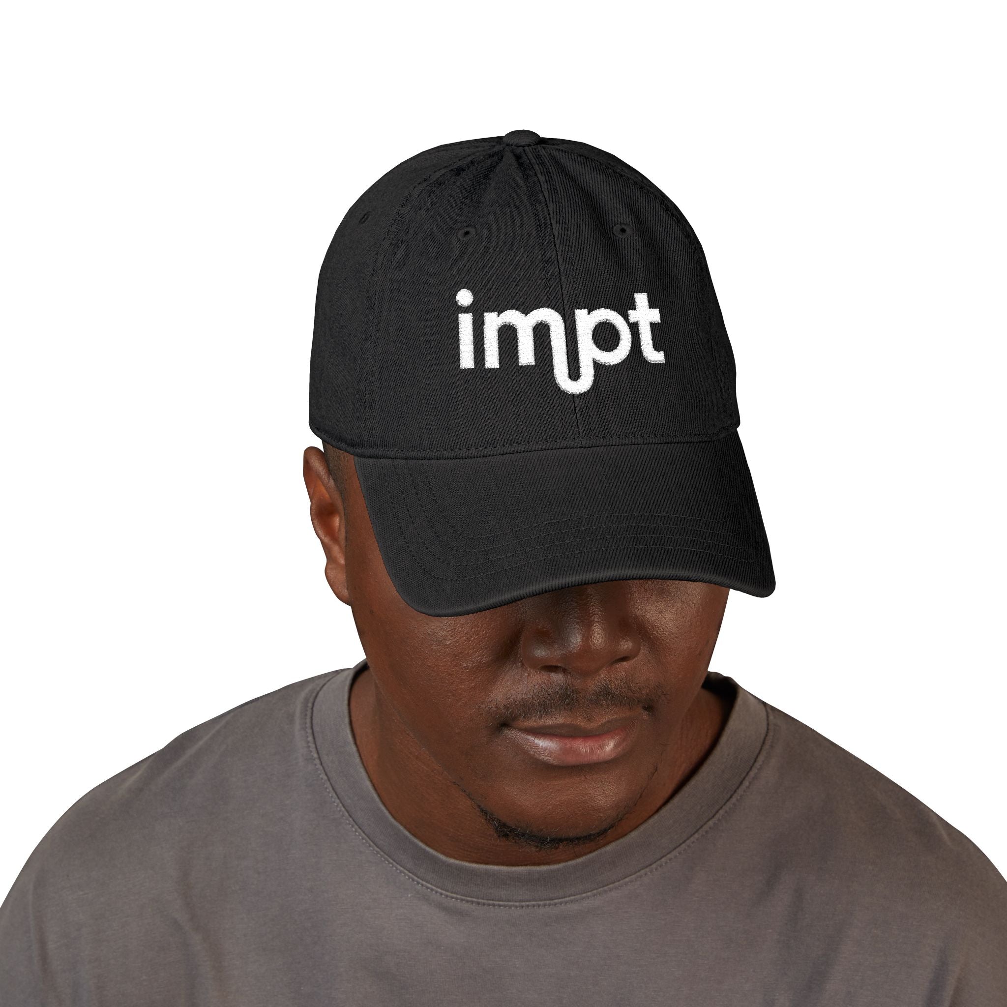 Embroidered ‘impt’ Denim Hat — Minimal Logo Baseball Cap
