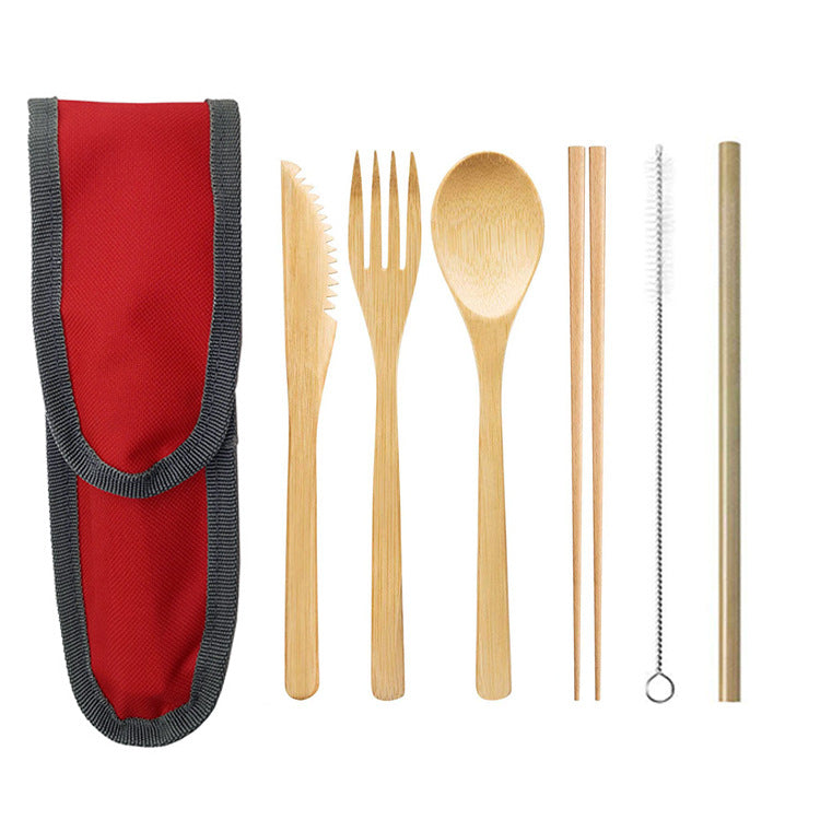 Portable bamboo cutlery travel set with stainless steel straw and canvas pouch — view 11