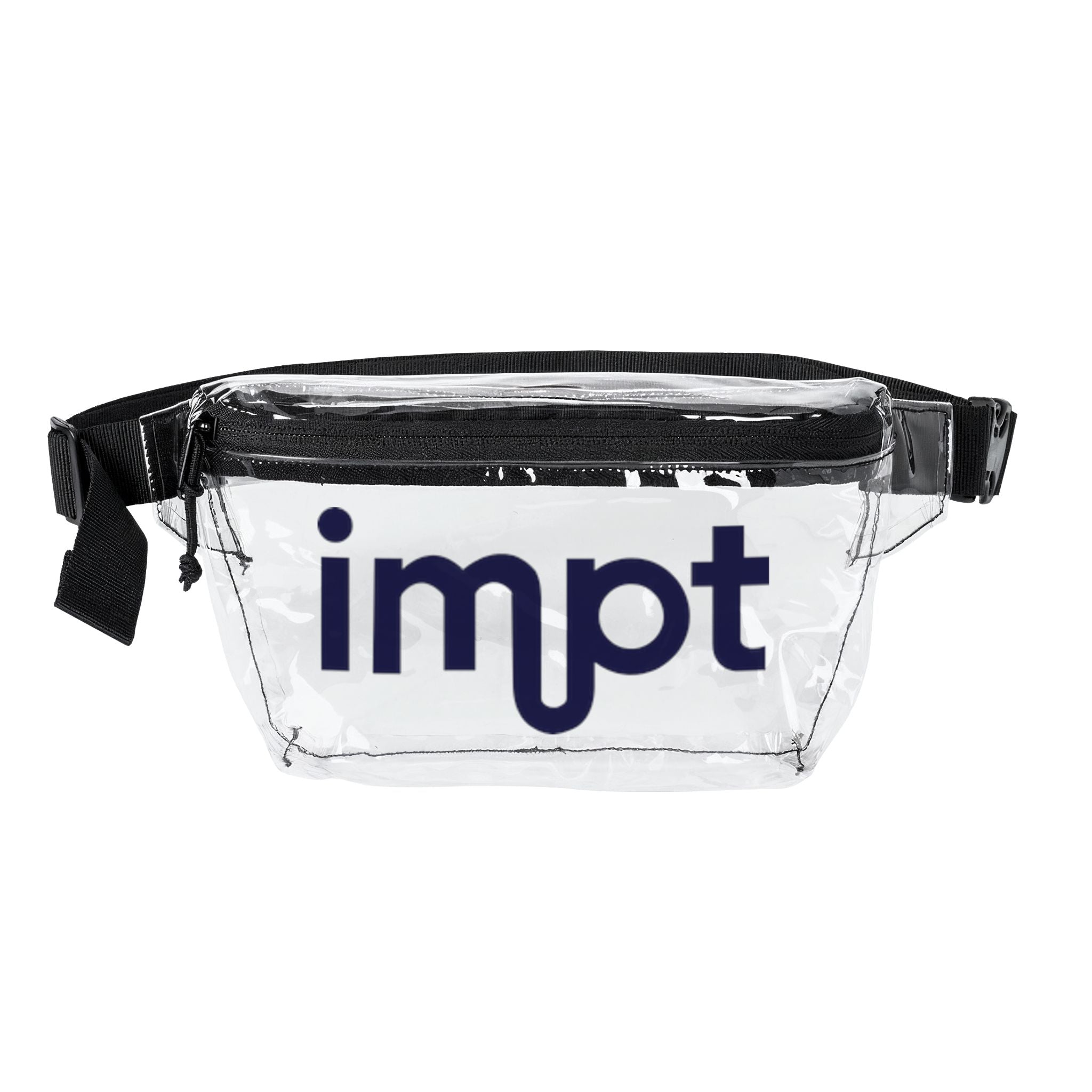 Transparent/Black Vinyl Fanny Pack — Clear Stadium Belt Bag with 'impt' Logo
