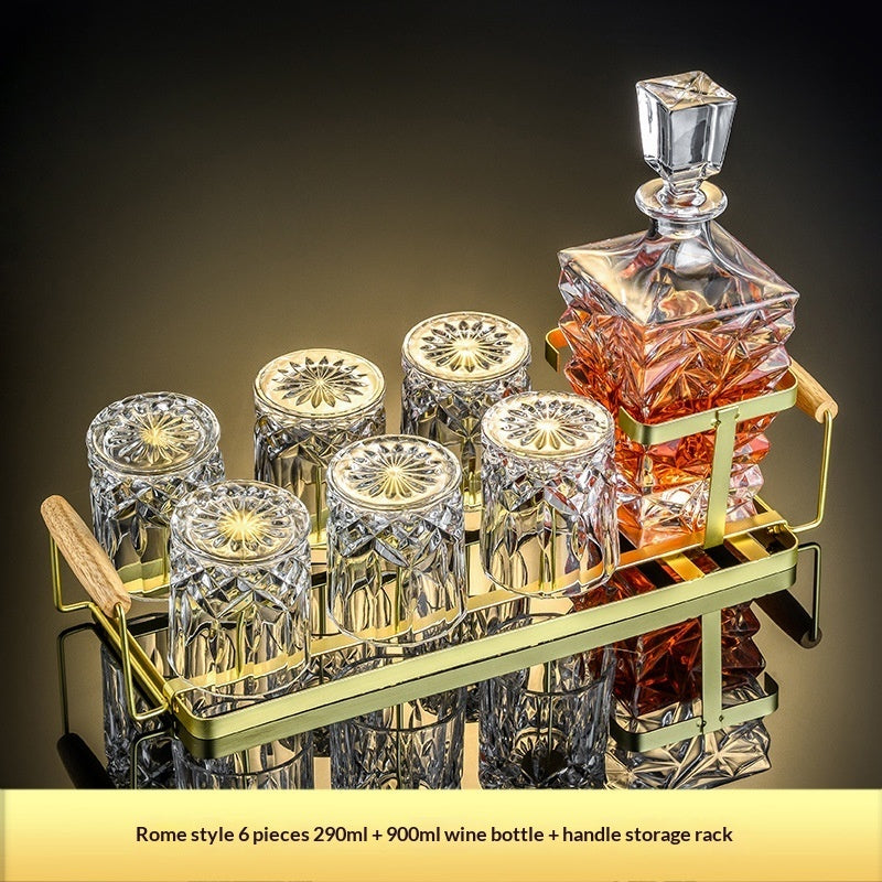 Premium crystal whiskey decanter set with two heavy-base whiskey glasses on wood tray — view 17