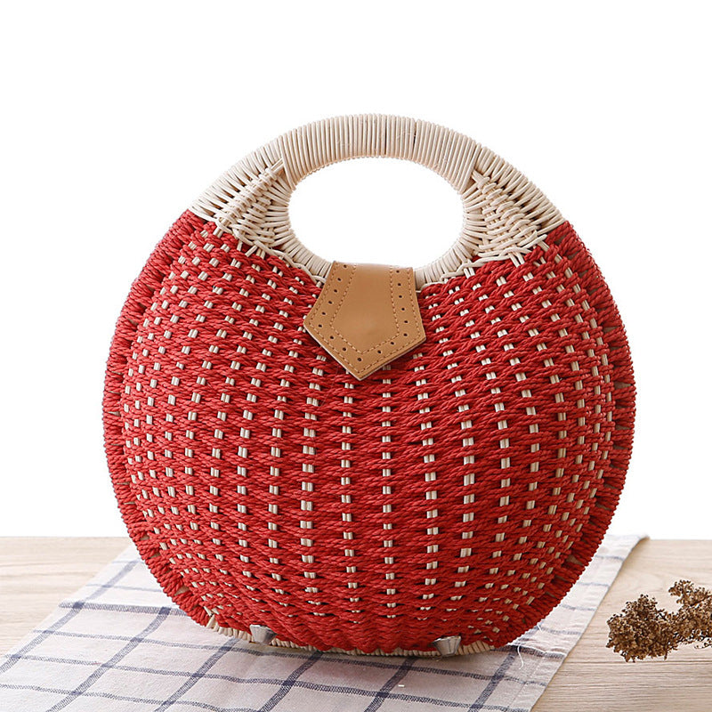 Hand-woven natural rattan handbag with leather handles — view 16
