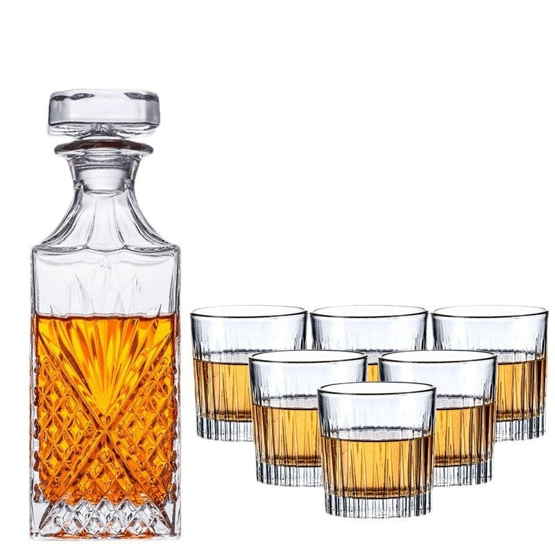Premium crystal whiskey decanter set with two heavy-base whiskey glasses on wood tray — view 3