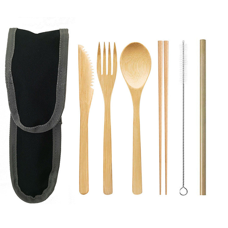 Portable bamboo cutlery travel set with stainless steel straw and canvas pouch — view 6