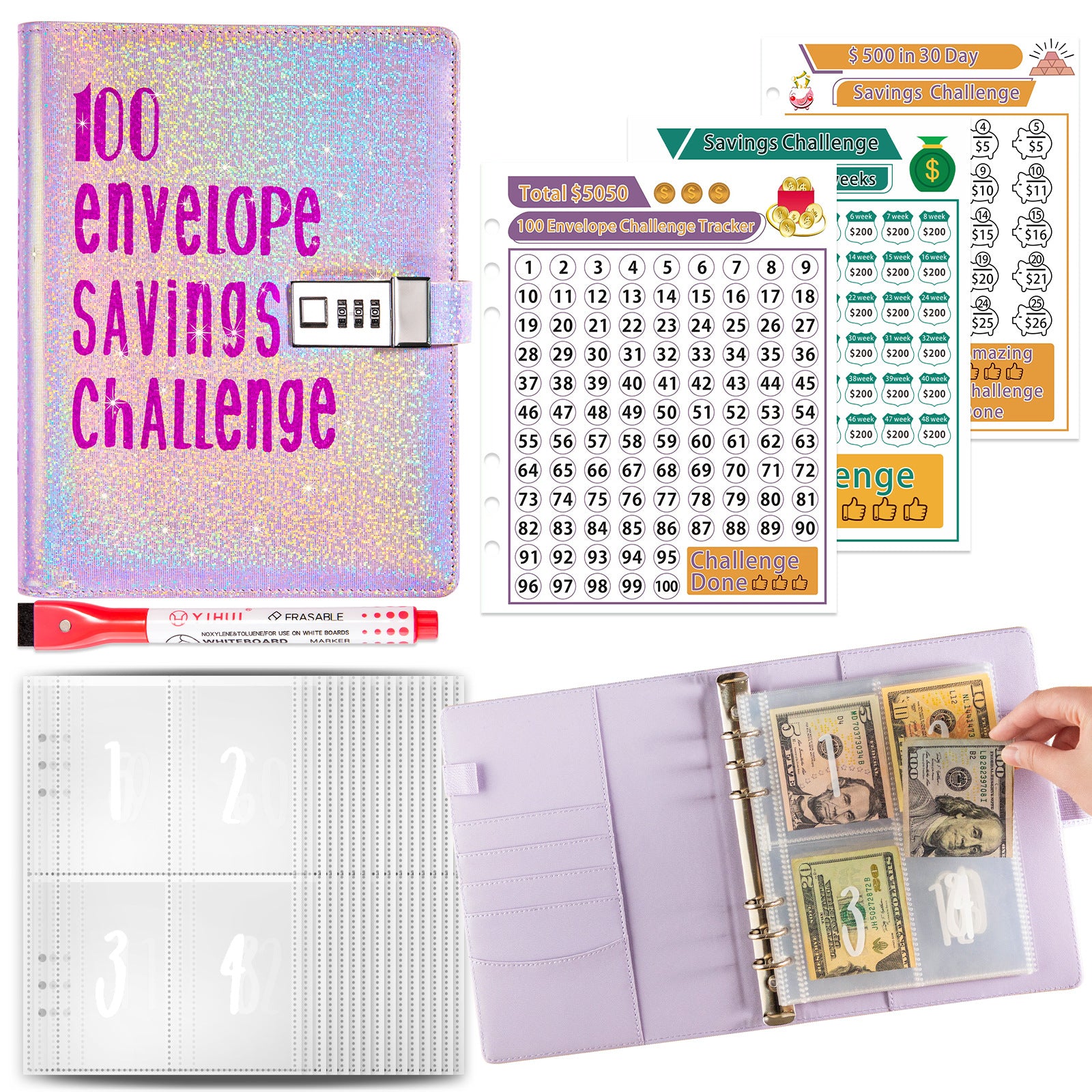 A5 money saving challenge planner and cash stuffing book — view 5