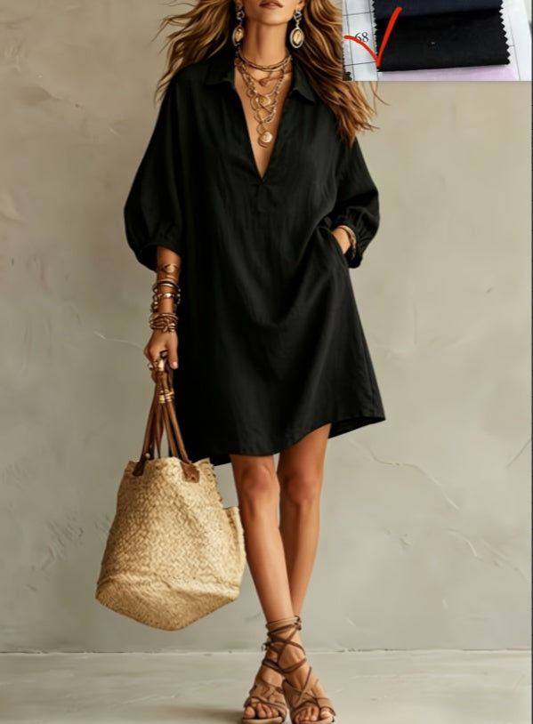 2026 New Polo V-neck Bubble Sleeve Loose Shirt Dress