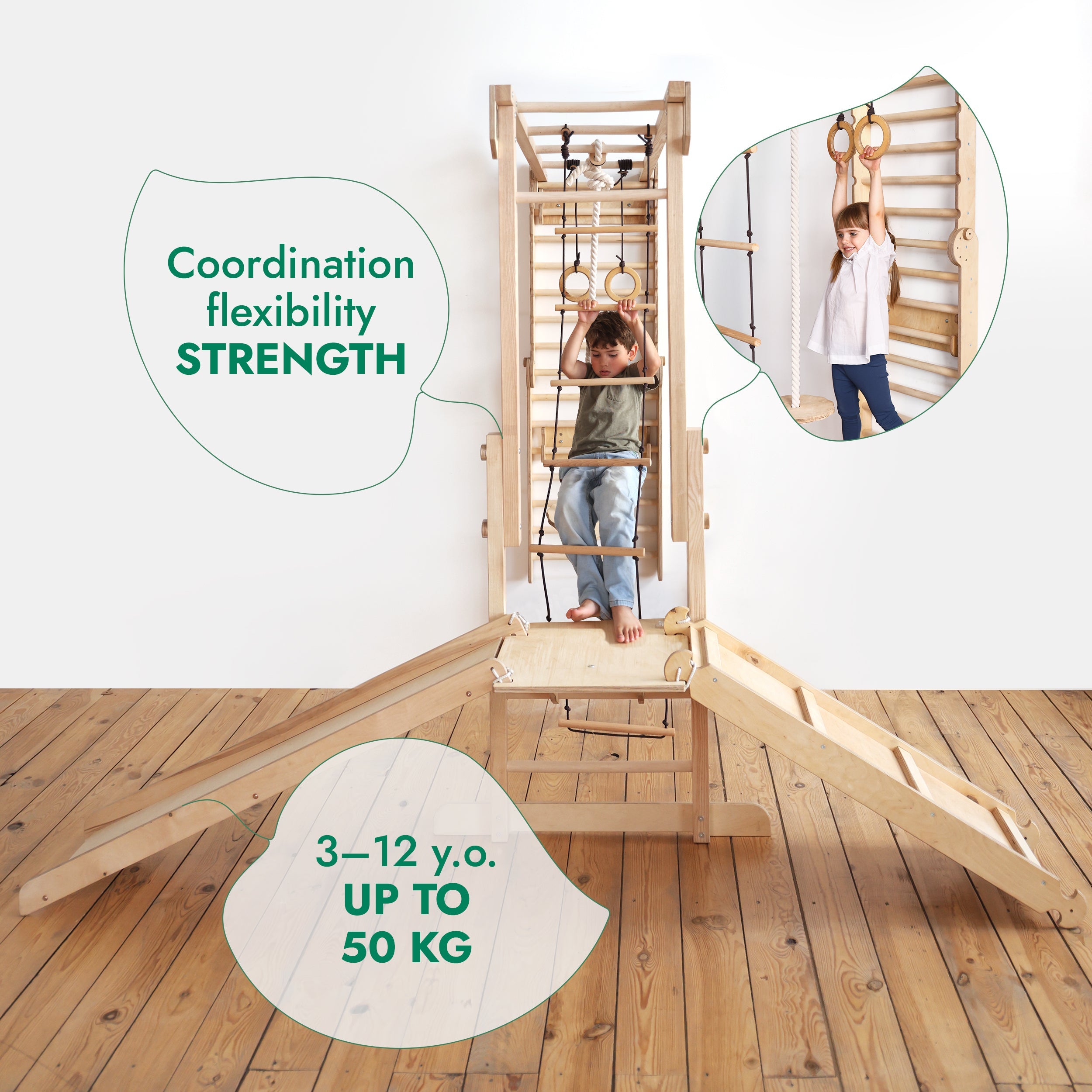 7in1 Swedish Walls + Monkey Bars + Swing Set + Slide Board + Ramp-4
