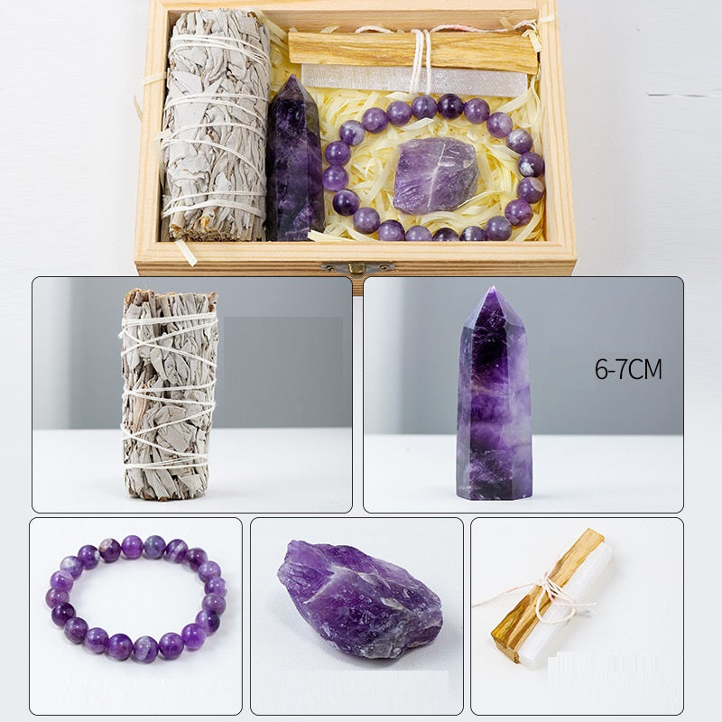 Natural amethyst crystal cluster in handcrafted wooden gift box — view 5
