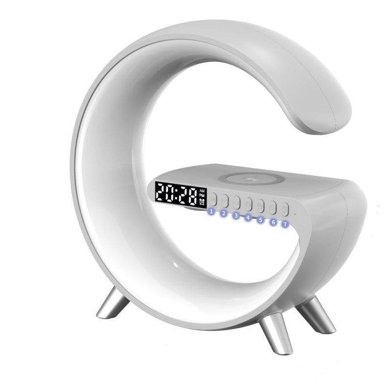 G shaped LED lamp with bluetooth speaker and wireless charger — view 12