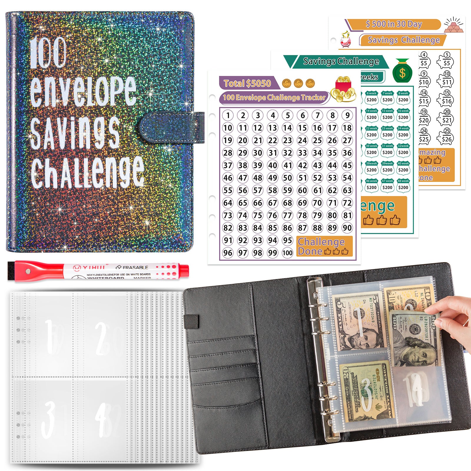 A5 money saving challenge planner and cash stuffing book — view 2