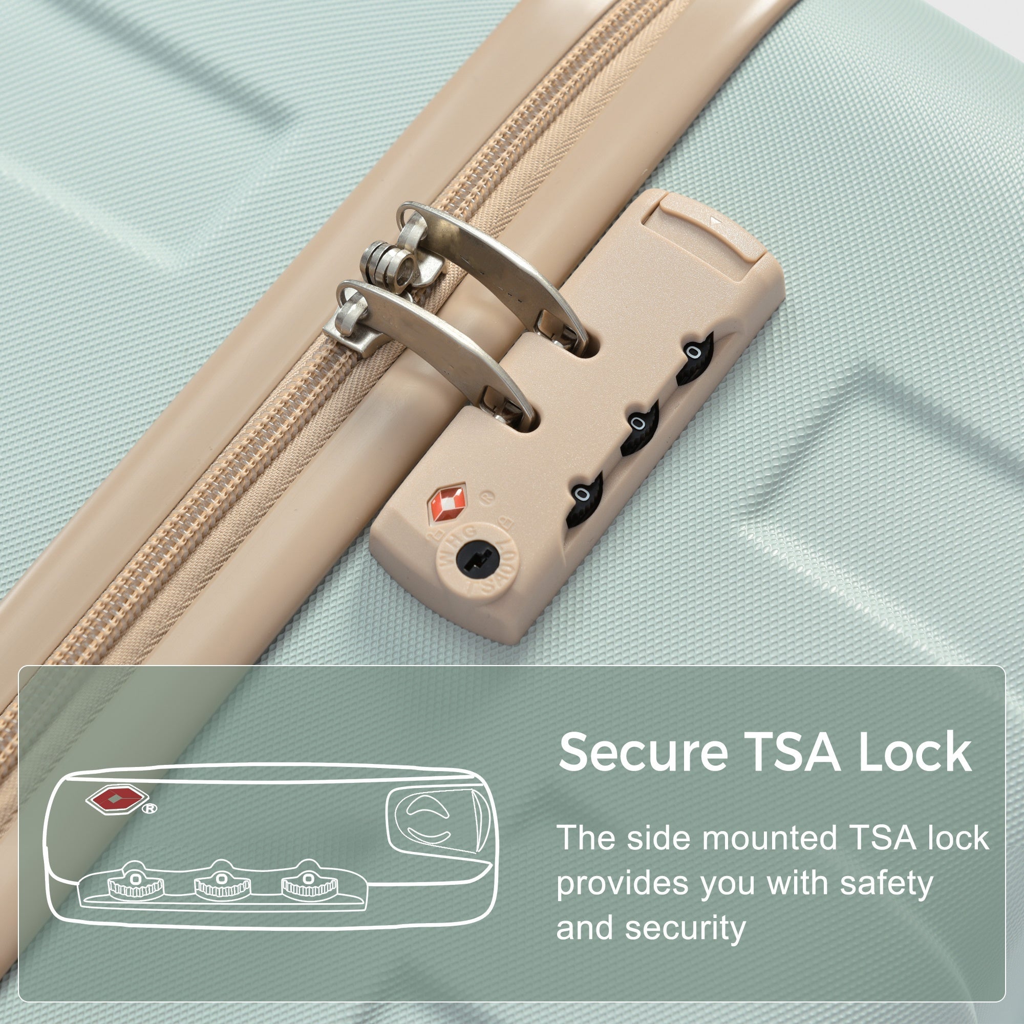 Three piece hardshell luggage set in grey and green with TSA lock — view 2