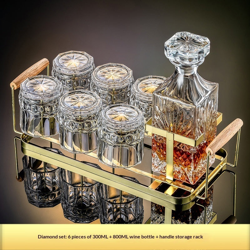 Premium crystal whiskey decanter set with two heavy-base whiskey glasses on wood tray — view 8