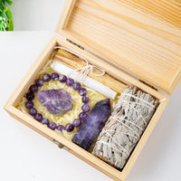 Natural amethyst crystal cluster in handcrafted wooden gift box