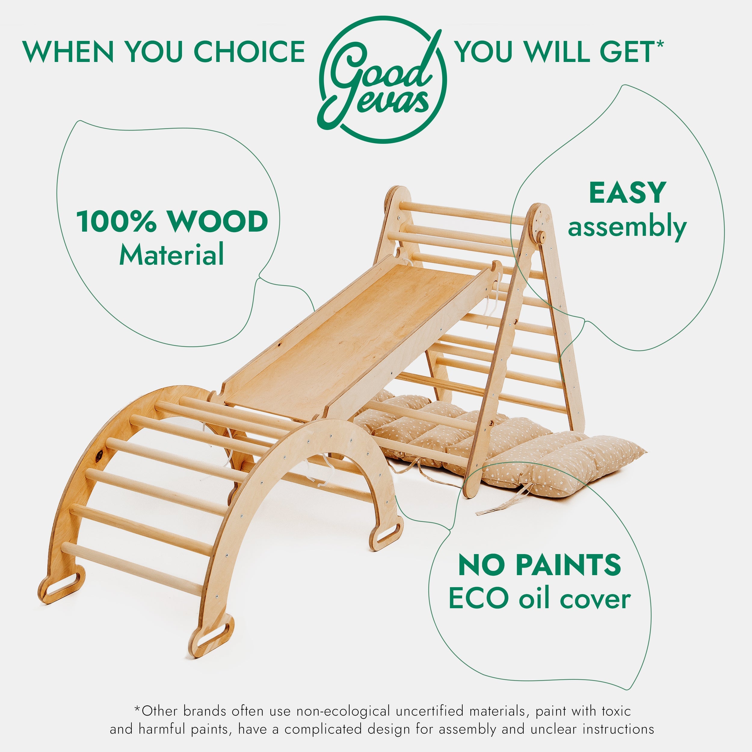 4in1 Montessori Climbing Frame Set: Triangle Ladder + Climbing Arch + Slide Board + Cushion Beige-2
