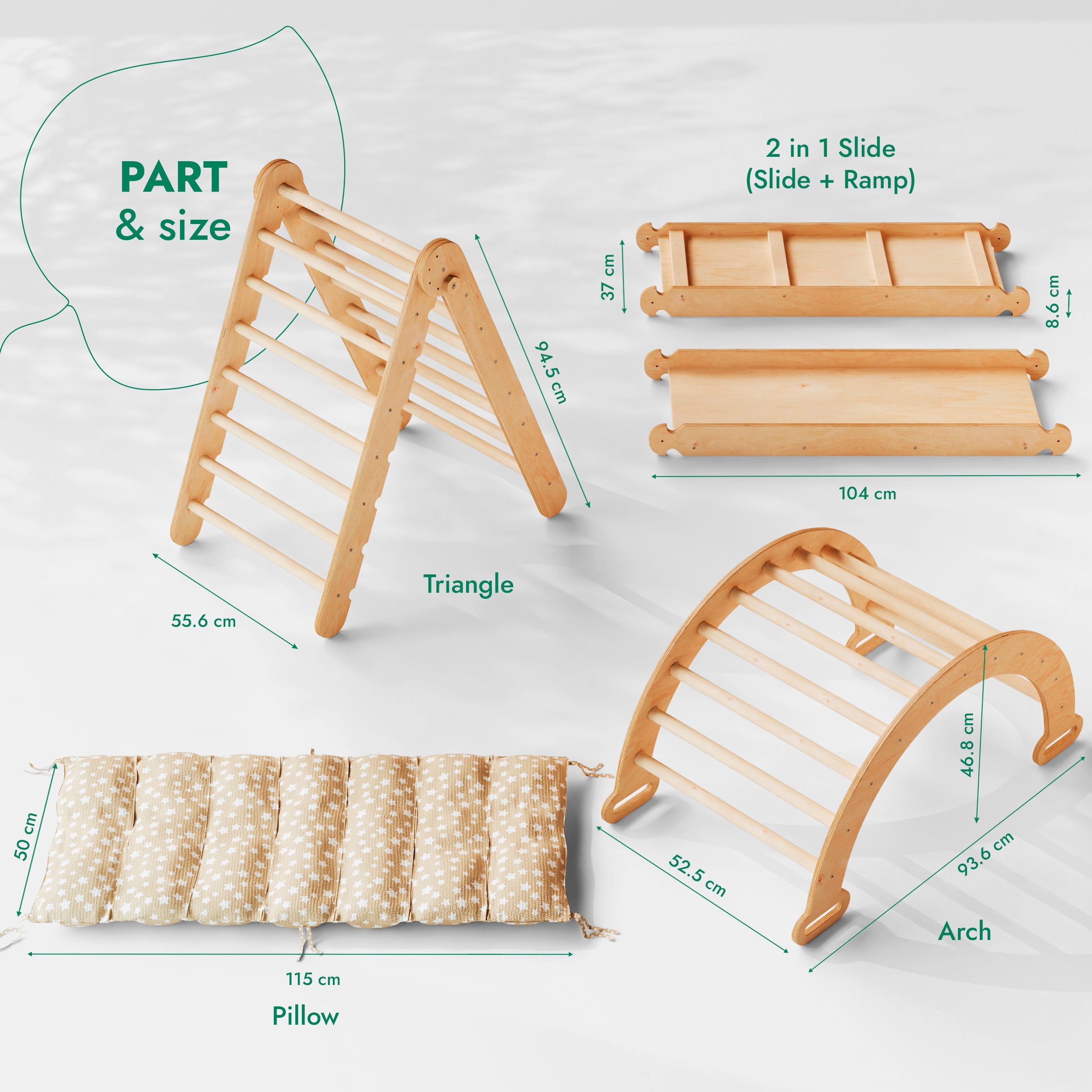 4in1 Montessori Climbing Frame Set: Triangle Ladder + Climbing Arch + Slide Board + Cushion Beige-1