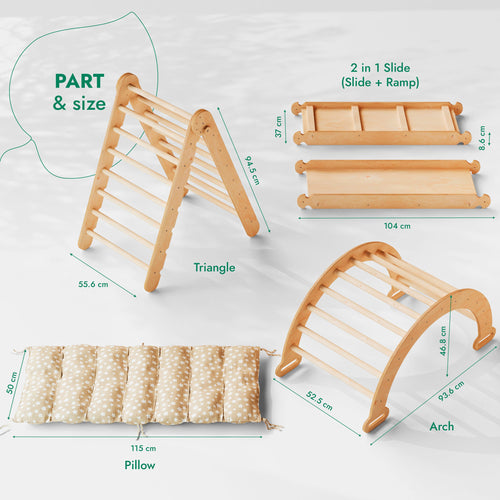 4in1 Montessori Climbing Frame Set: Triangle Ladder + Climbing Arch + Slide Board + Cushion Beige-1
