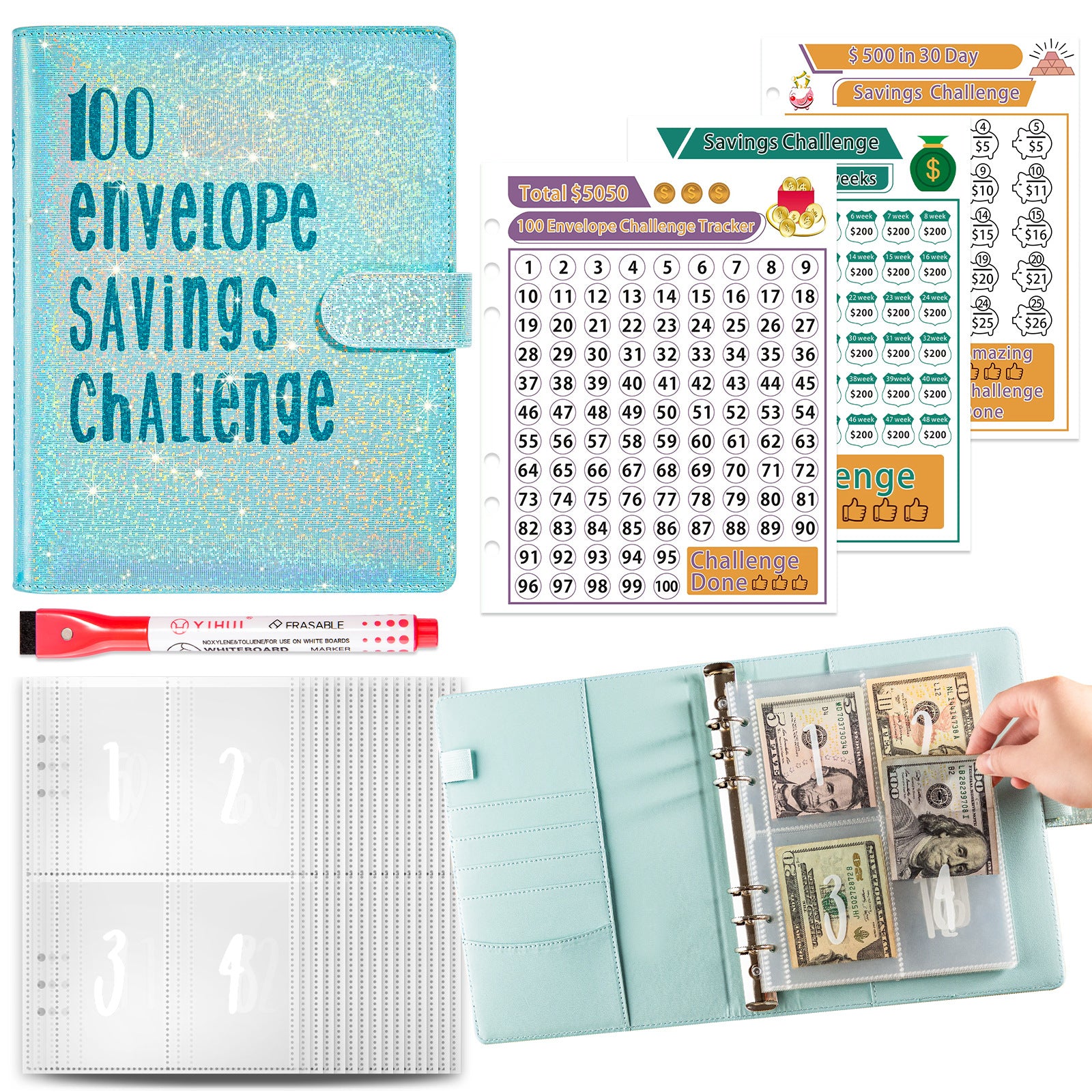 A5 money saving challenge planner and cash stuffing book — view 3