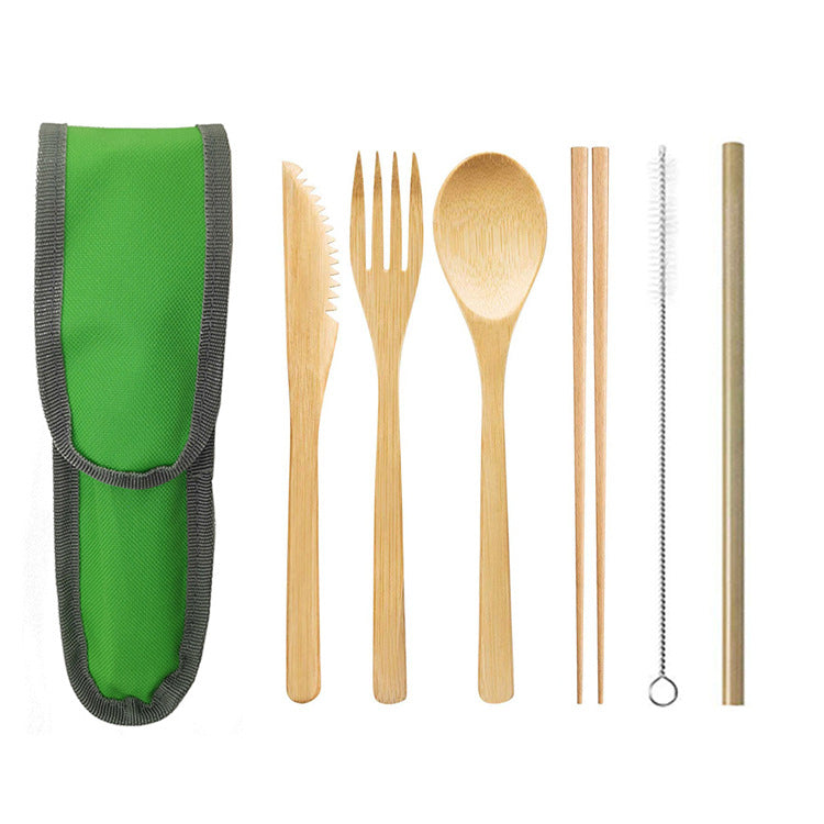 Portable bamboo cutlery travel set with stainless steel straw and canvas pouch — view 8