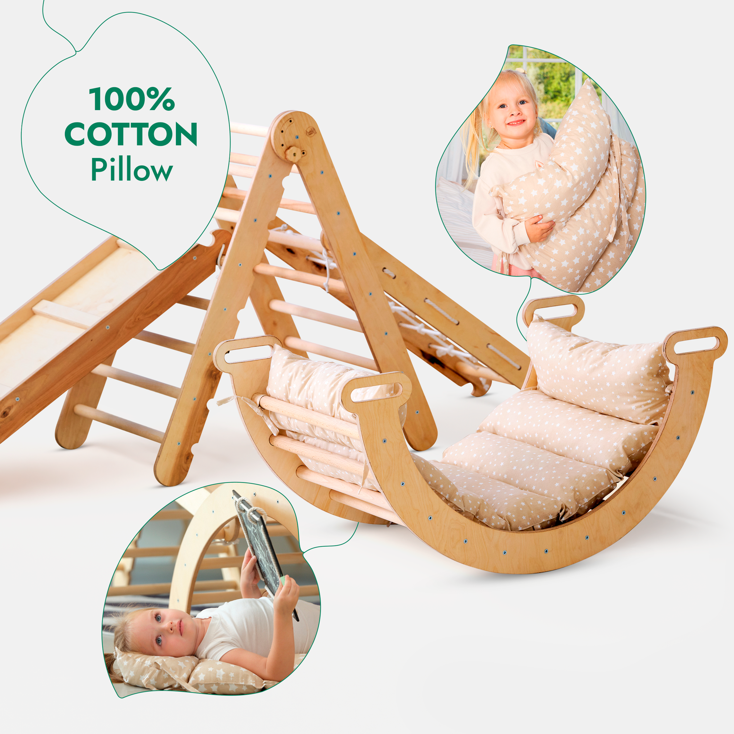 5in1 Montessori Climbing Frame: Pikler Triangle + Arch/Rocker + Slide Board/Ramp + Netting rope + Cushion