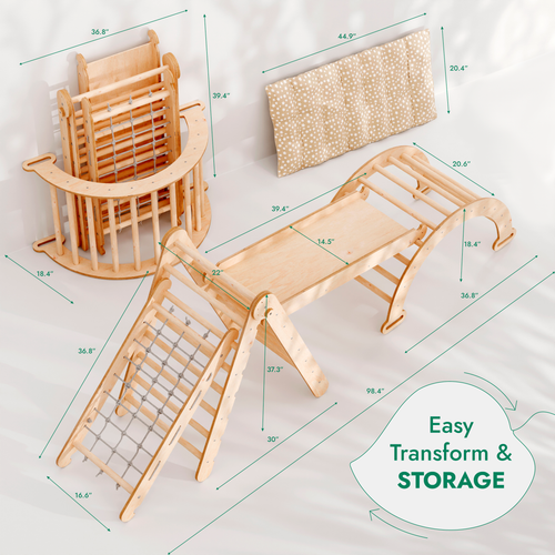 5in1 Montessori Climbing Frame: Pikler Triangle + Arch/Rocker + Slide Board/Ramp + Netting rope + Cushion