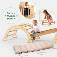 5in1 Montessori Climbing Frame: Pikler Triangle + Arch/Rocker + Slide Board/Ramp + Netting rope + Cushion