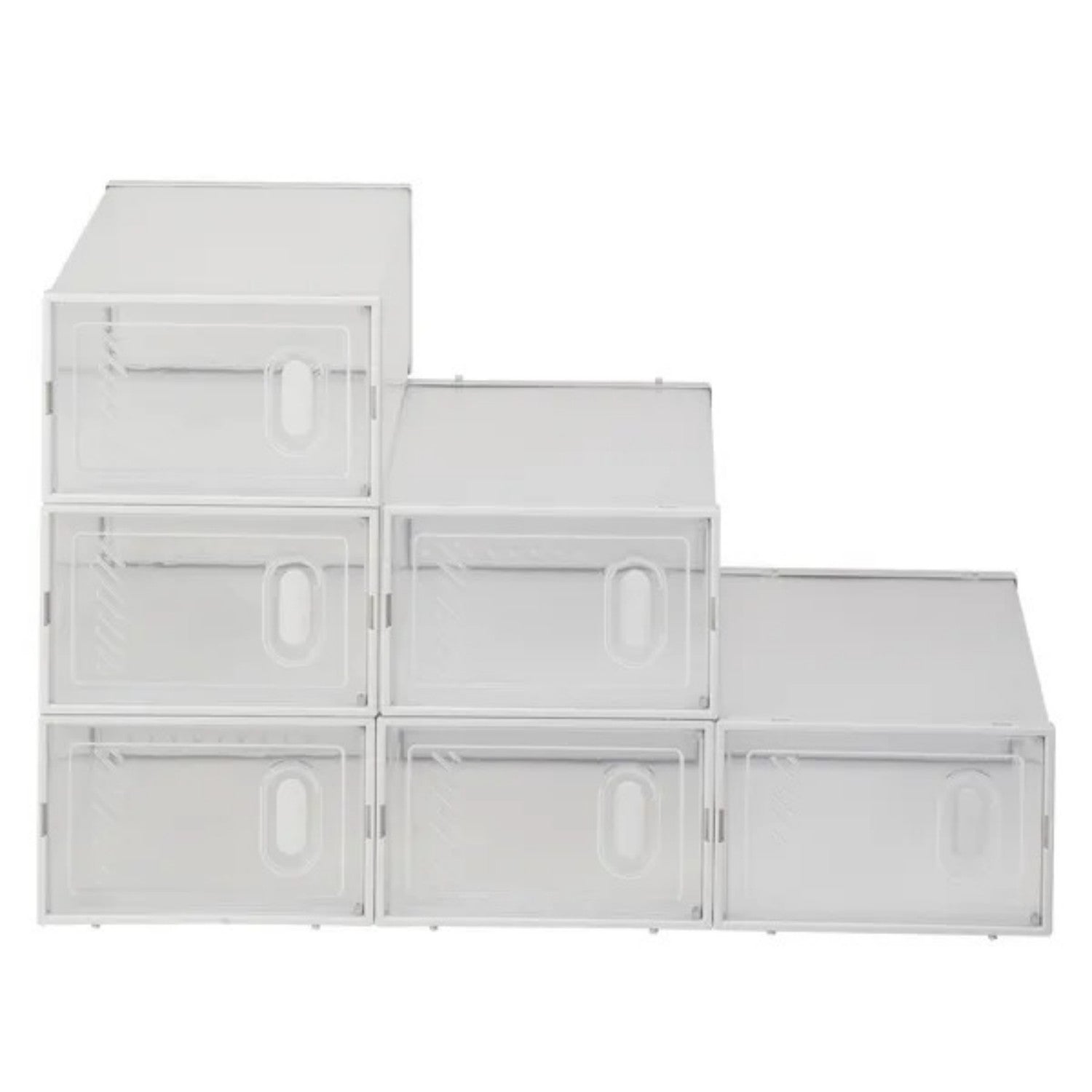 Six pack of clear plastic stackable shoe storage boxes — view 3