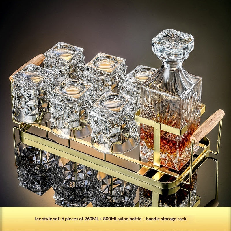 Premium crystal whiskey decanter set with two heavy-base whiskey glasses on wood tray — view 18