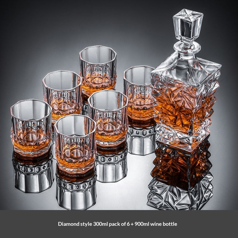 Premium crystal whiskey decanter set with two heavy-base whiskey glasses on wood tray — view 15