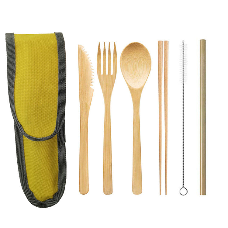Portable bamboo cutlery travel set with stainless steel straw and canvas pouch — view 12