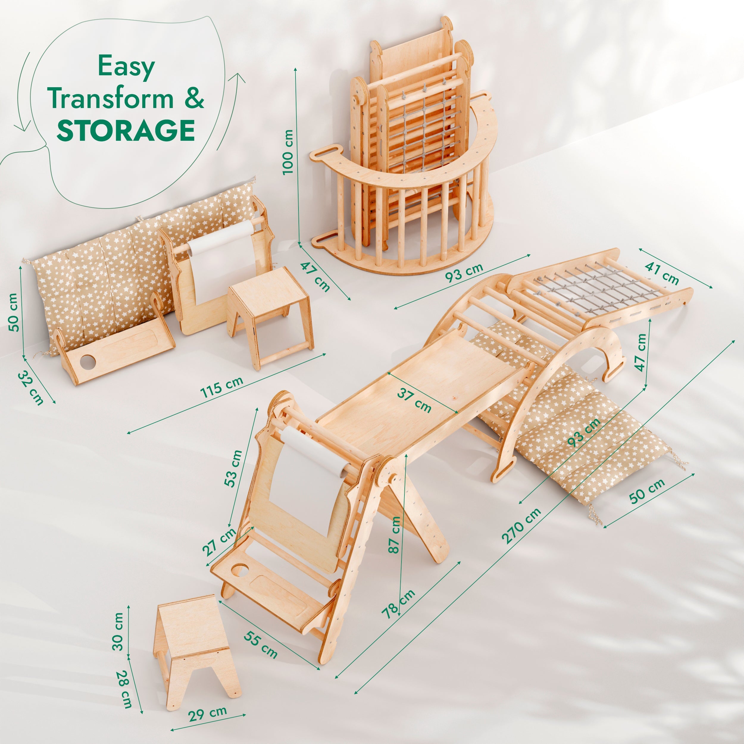 6in1 Montessori Climbing Frame: Pikler Triangle + Climbing Arch + Slide Board + Net + Cushion + Art Addition-1