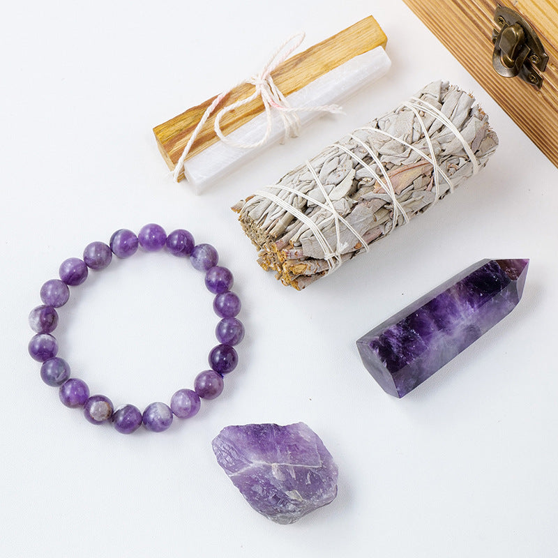 Natural amethyst crystal cluster in handcrafted wooden gift box — view 4