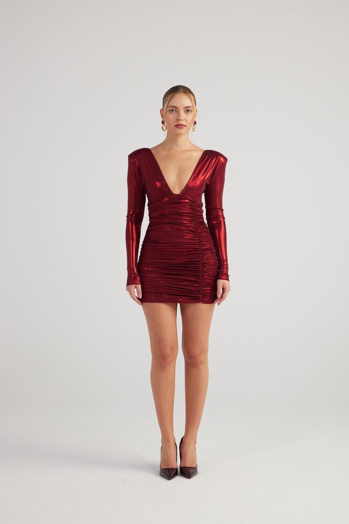 Karly burgundy shiny bodycon mini dress by Holly Lolly — view 3